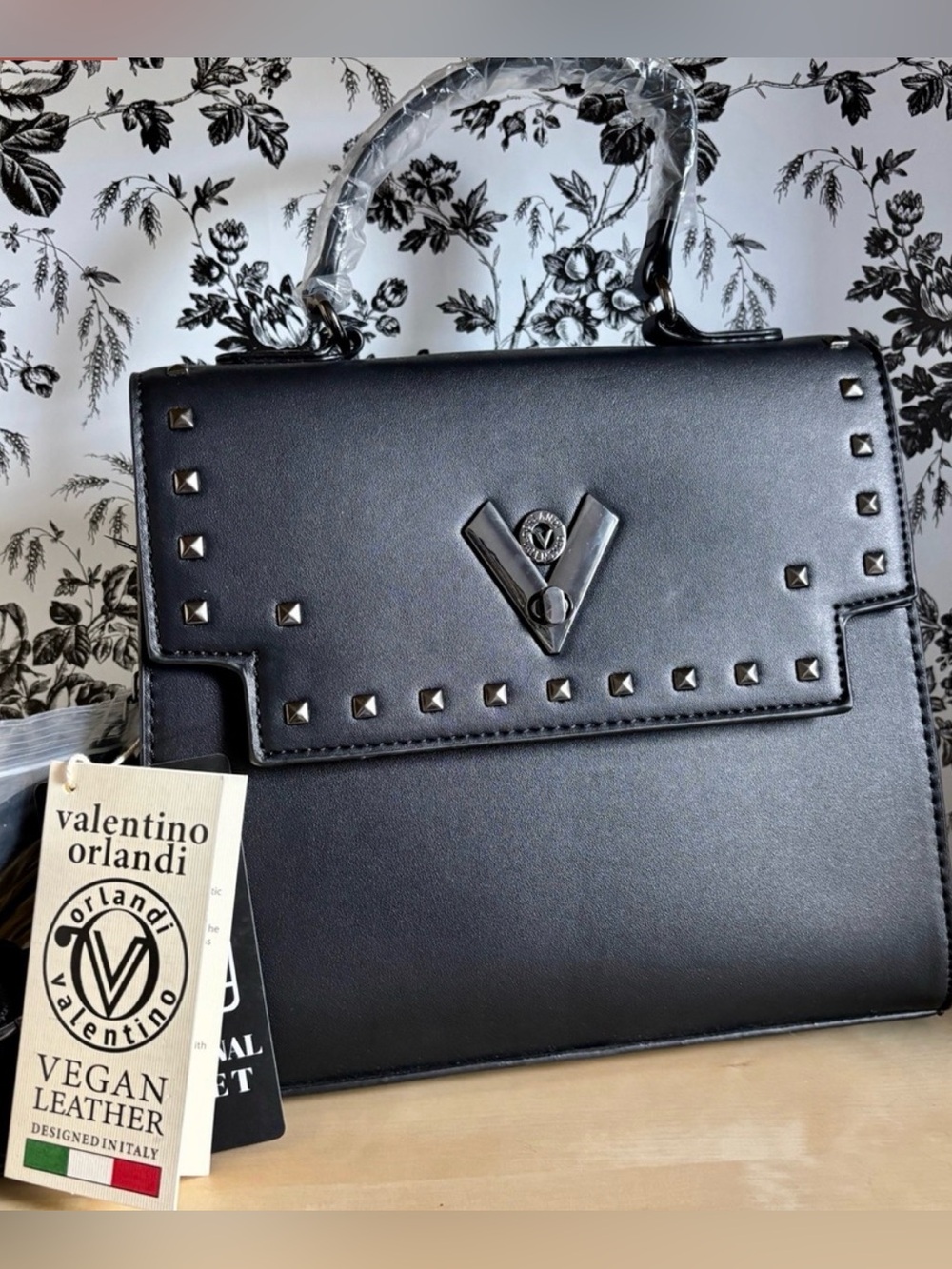 NWT Valentino Orlandi Black Vegan Leather Studded Satchel w/matching Wallet